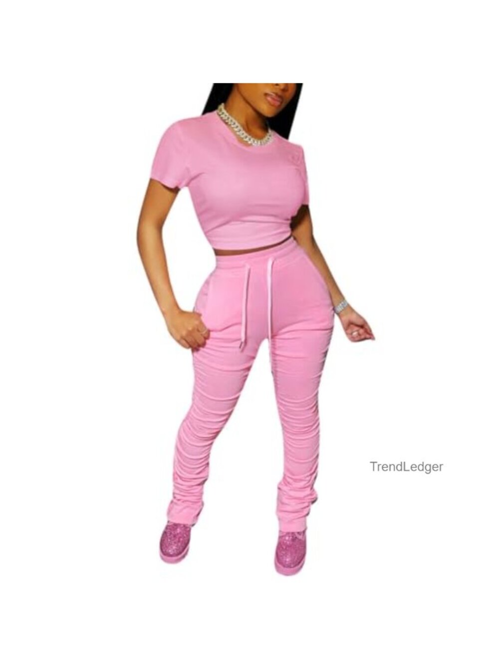 2 Piece Lounge Set Bodycon Crop Top Stacked Pants Tracksuit